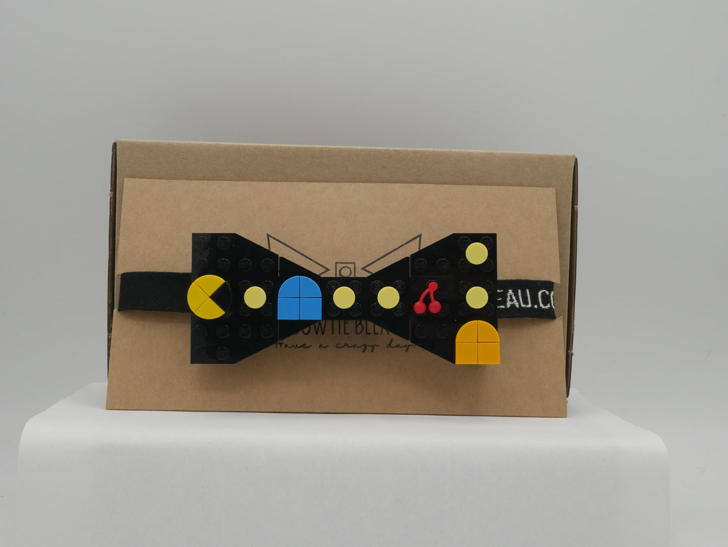 Retro Arcade Maze Game Bow Tie From LEGO Bricks with blue enemy