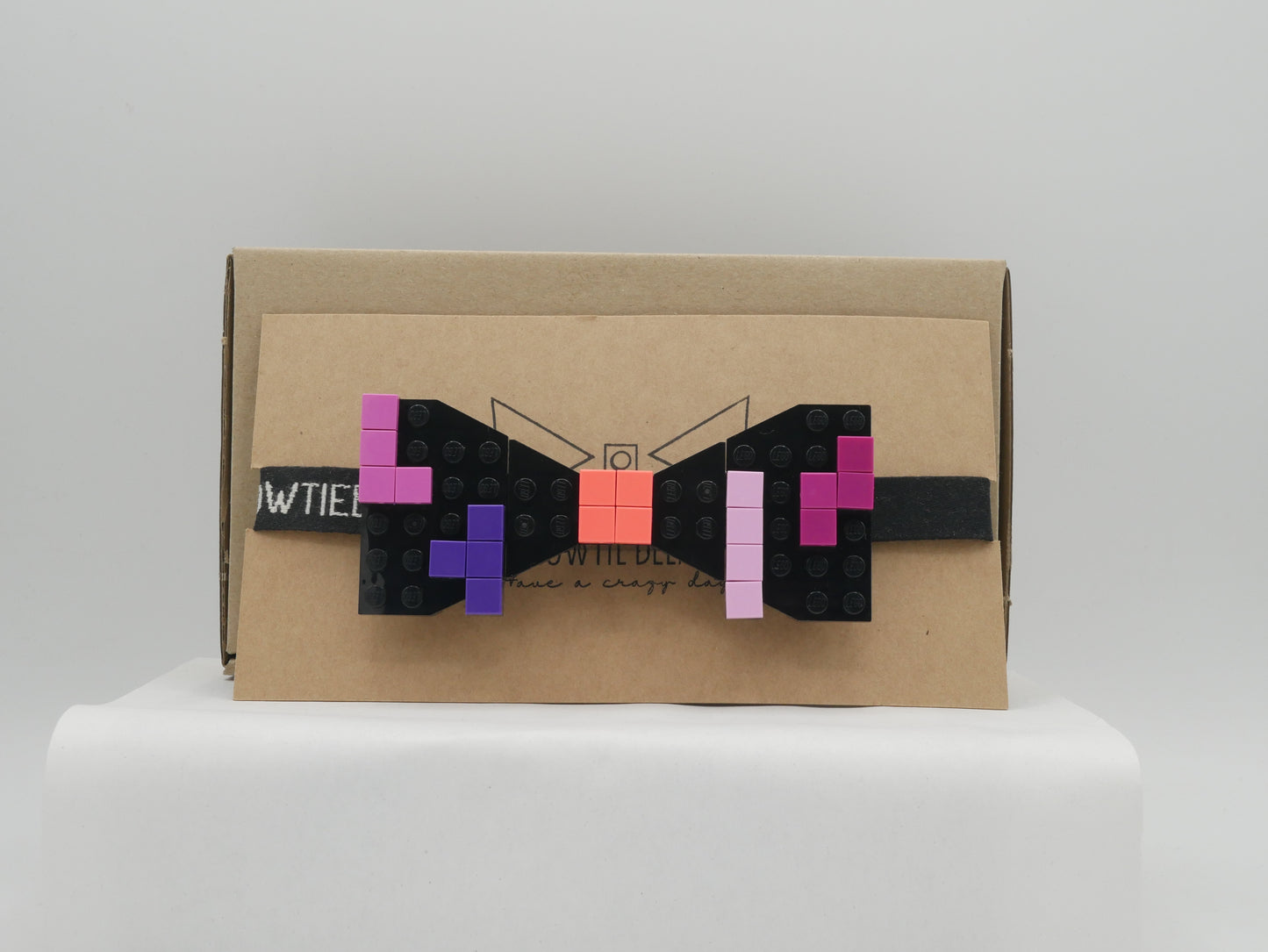 Retro Arcade Falling Blocks Game Bow Tie From LEGO Bricks In Shades of Pink and Purple